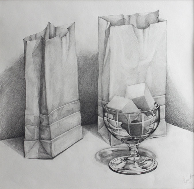 Still life drawing of paper bags and glass cup