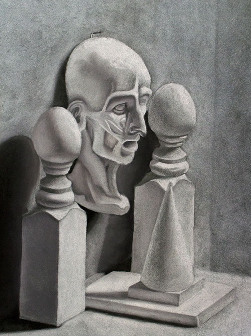 Still life drawing of two wooden blocks and a bust of a head
