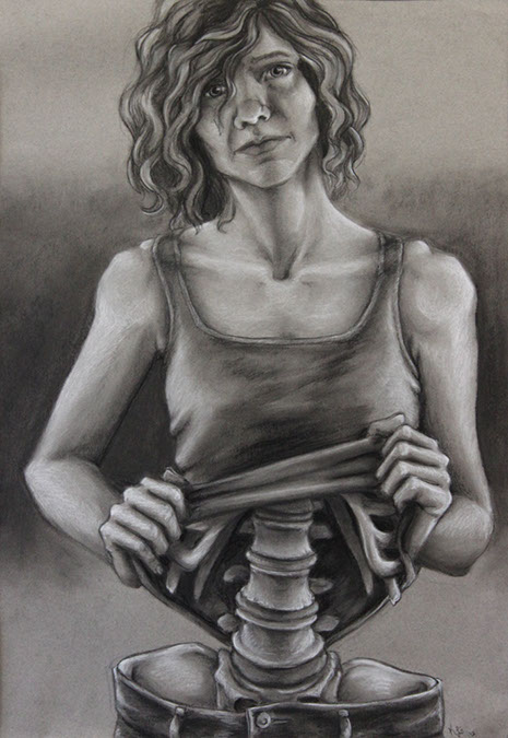 Conte crayon drawing of women transforming into a skeleton