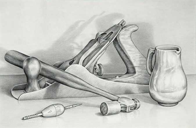 Still life drawing of wood carving tools and a glass pitcher