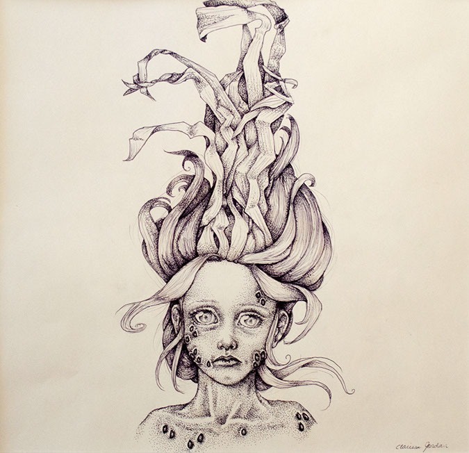 Pen and ink drawing of a women with corn husk hair