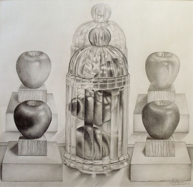 Still life drawing of fruit and a glass container