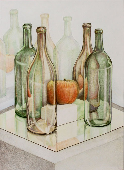 Still life drawing of glass bottles and an apple