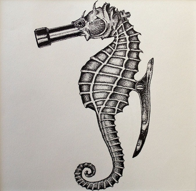 Pen and ink drawing of a seahorse turning into a hose nozzle