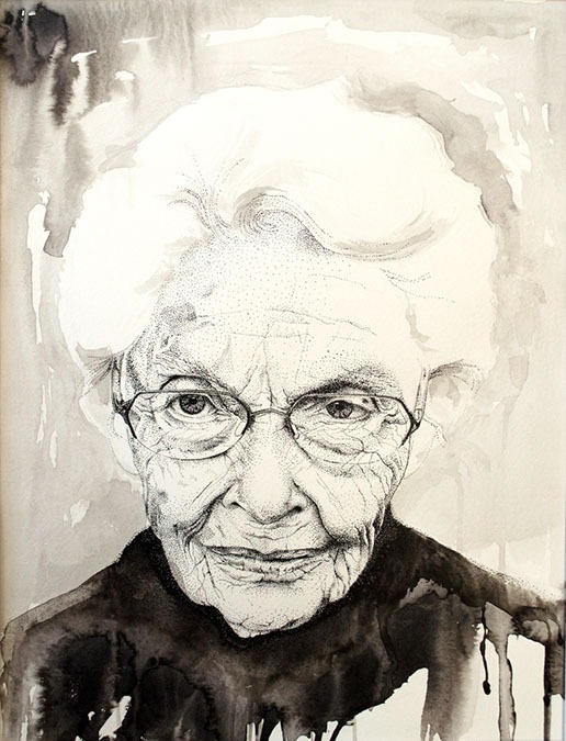 Ink drawing of an old woman