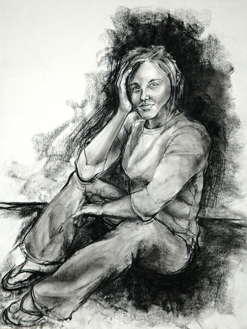 Charcoal pencil drawing of a woman sitting on the floor