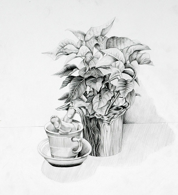 Still life drawing of flowers and a glass cup