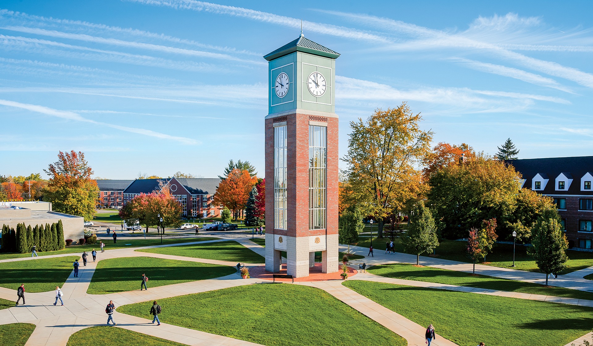 Aerial photo of campus plaza with clocktower