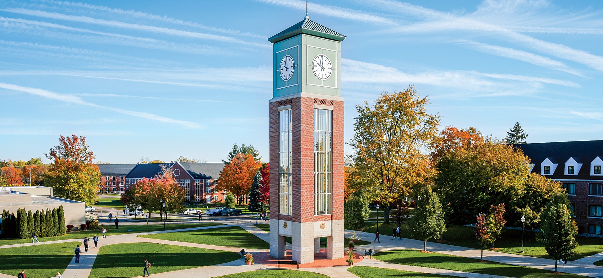 Aerial photo of campus plaza with clocktower