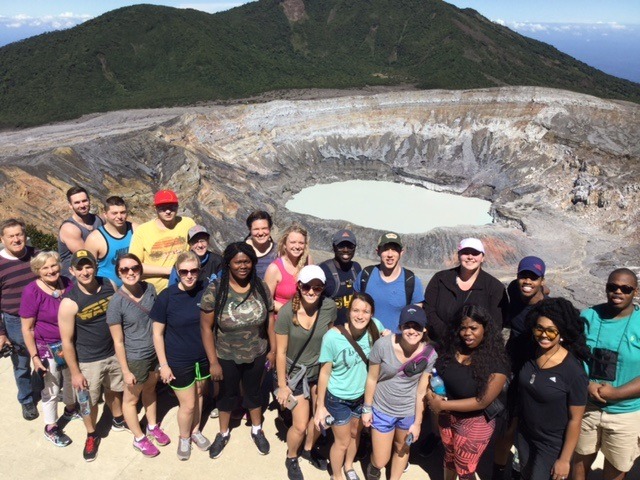 Student group in front of dormant volcanic crater in Costa Rica
