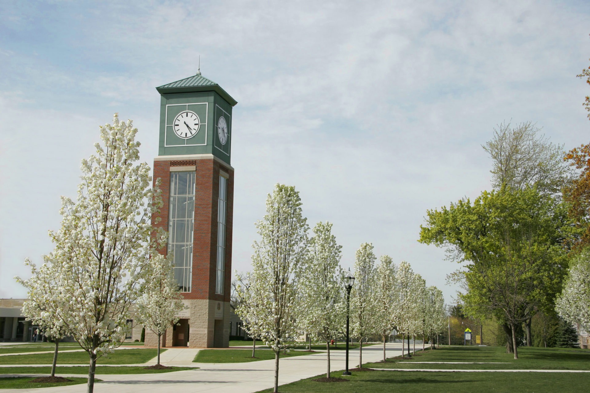 Campus clocktower and plaza during the spring