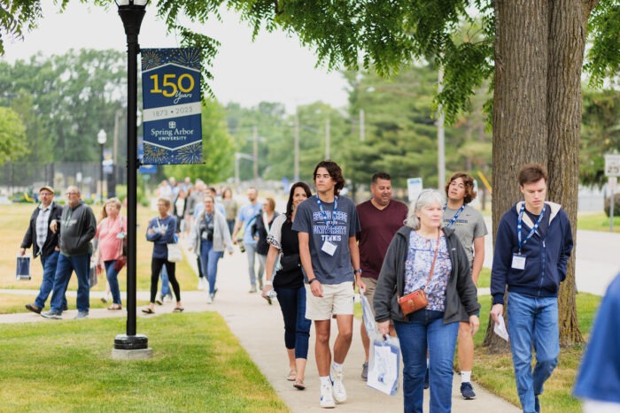 Students and families walking around campus.