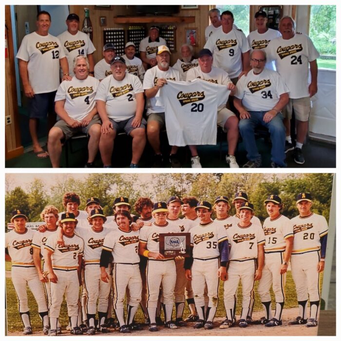Picture showing now and then of 1981 SAU world series baseball team.